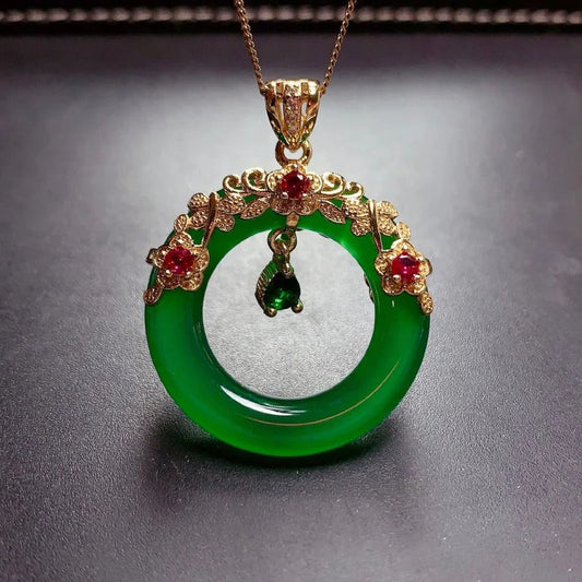 Classic Green Crystal Floral Ring Pendant Necklace-Mialla Jewelry