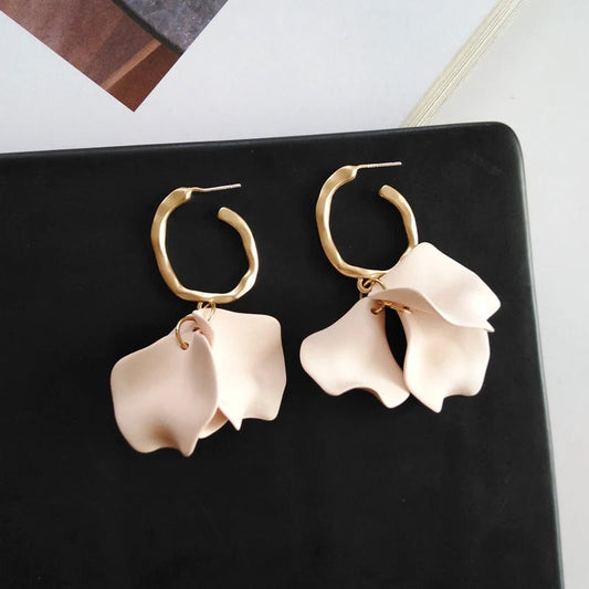 Vintage Gold Soft Pink Petal Design Hoop Earrings-Mialla Jewelry