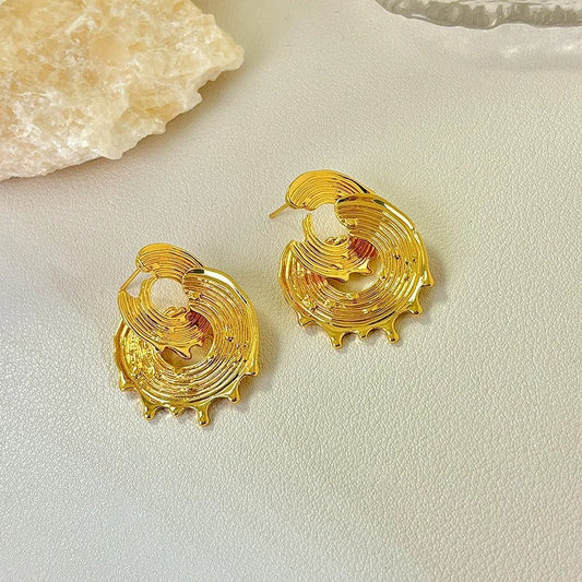 Vintage Gold Wave Round Double Hoop Stud Earrings-Mialla Jewelry