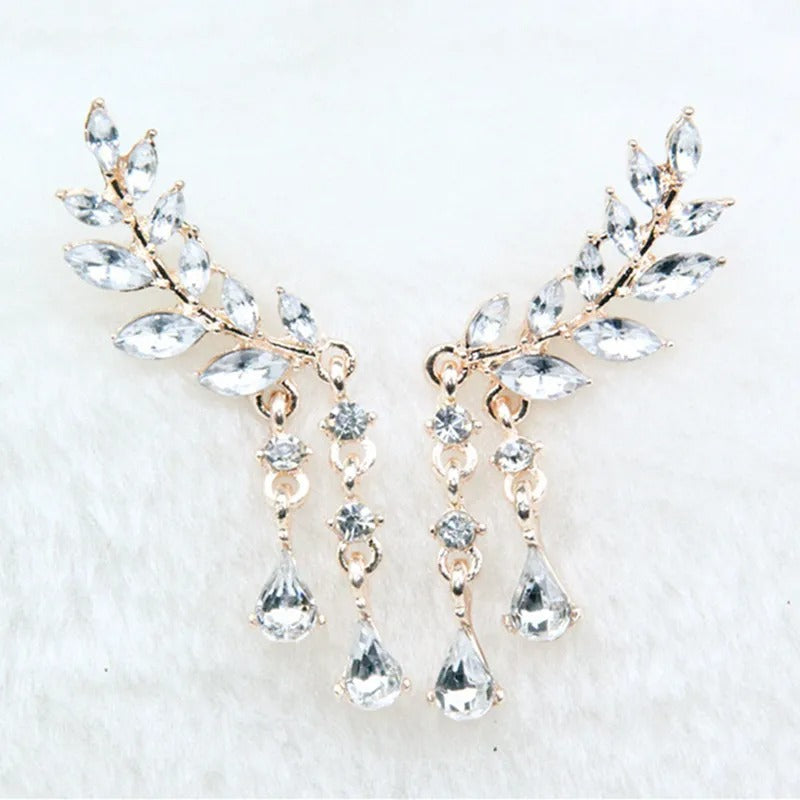Gold Crystal Leaf Tassel Dangle Earrings-Mialla Jewelry
