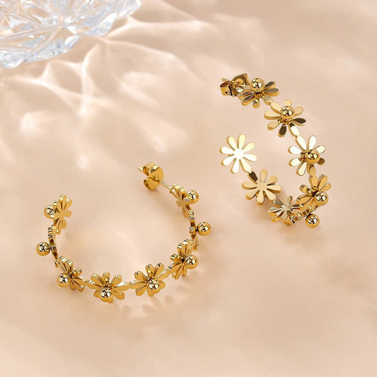 Gold Flower Boho Glam Hoop Earrings-Mialla Jewelry