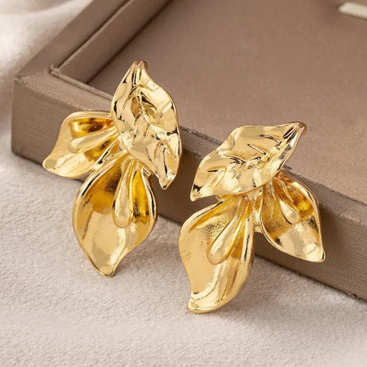 Vintage Gold Asymmetric Leaf Flower Stud Earrings-Mialla Jewelry