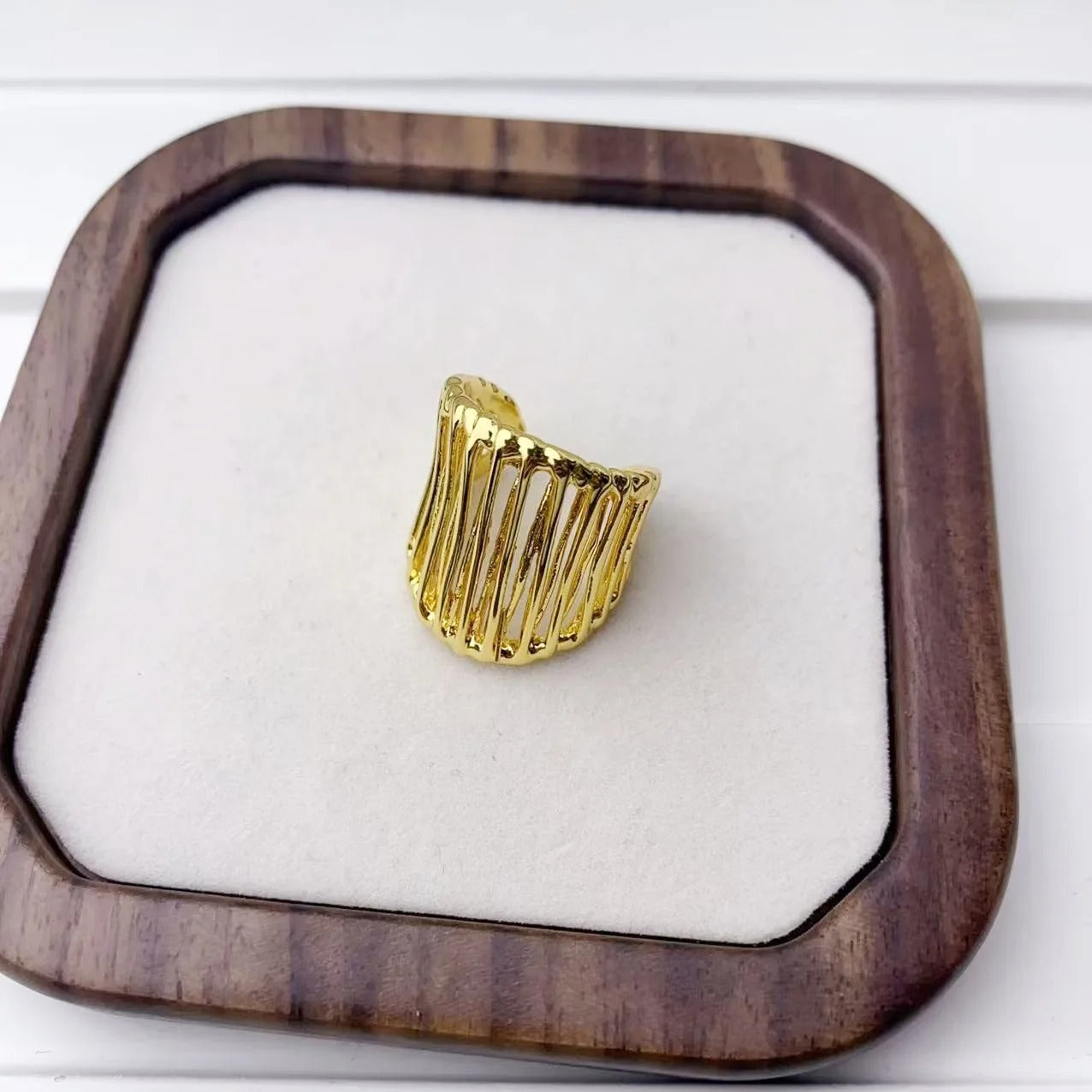Gold Ribbed Bold Adjustable Ring-Mialla Jewelry
