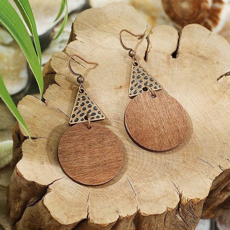Wooden Disc & Carved Triangle Drop Earrings-Mialla Jewelry
