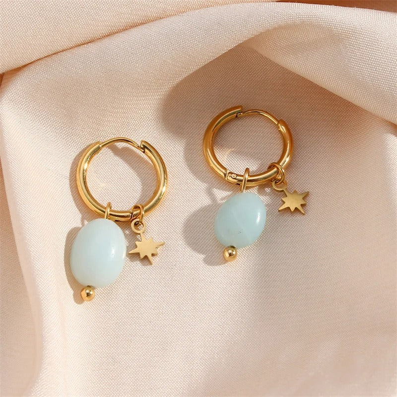 Vintage Aqua Bead & Star Gold Hoop Earrings-Mialla Jewelry