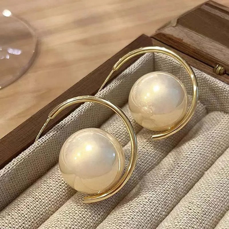 Timeless Gold & Big Round Pearl Drop Earrings-Mialla Jewelry