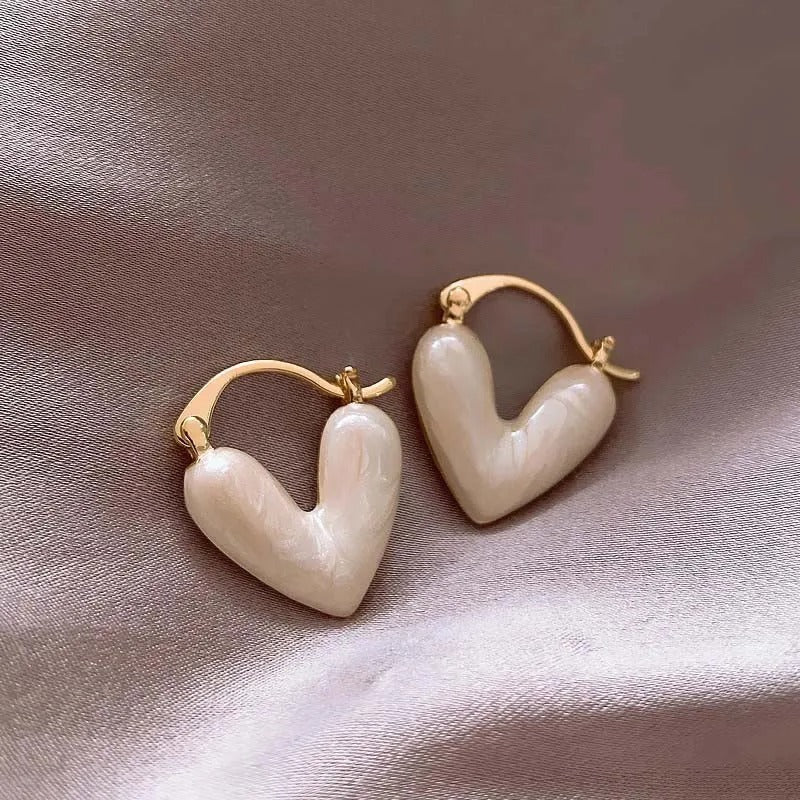 Vintage White Heart Gold Hoop Earrings-Mialla Jewelry