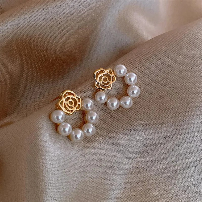 Gold Pearl & Rose Floral Hoop Earrings-Mialla Jewelry