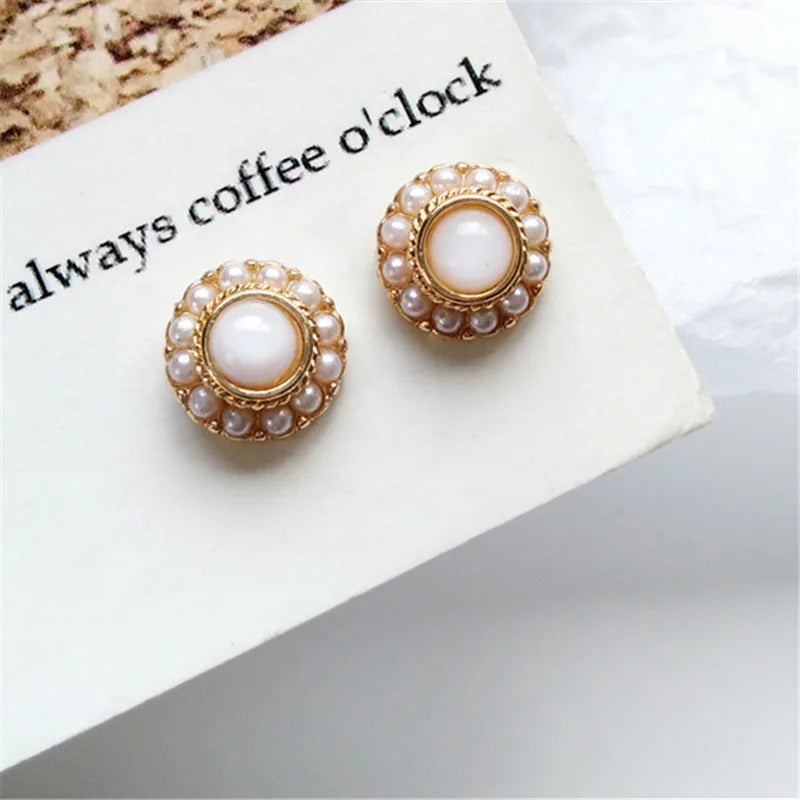 Classic Pearl Gold Frame Stud Earrings-Mialla Jewelry