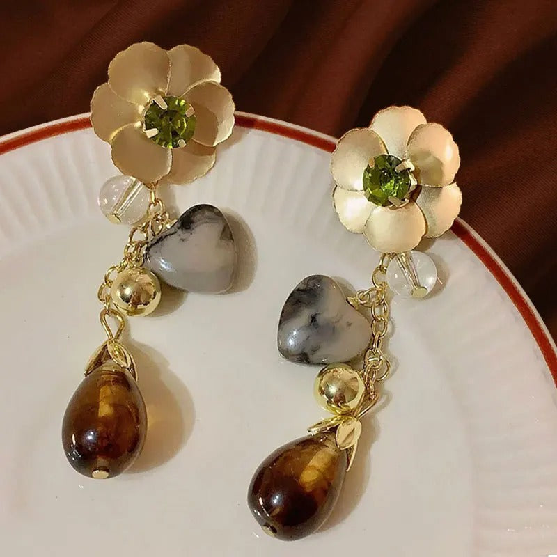 Classic Gold Flower Earthy Gemstone Dangle Earrings-Mialla Jewelry