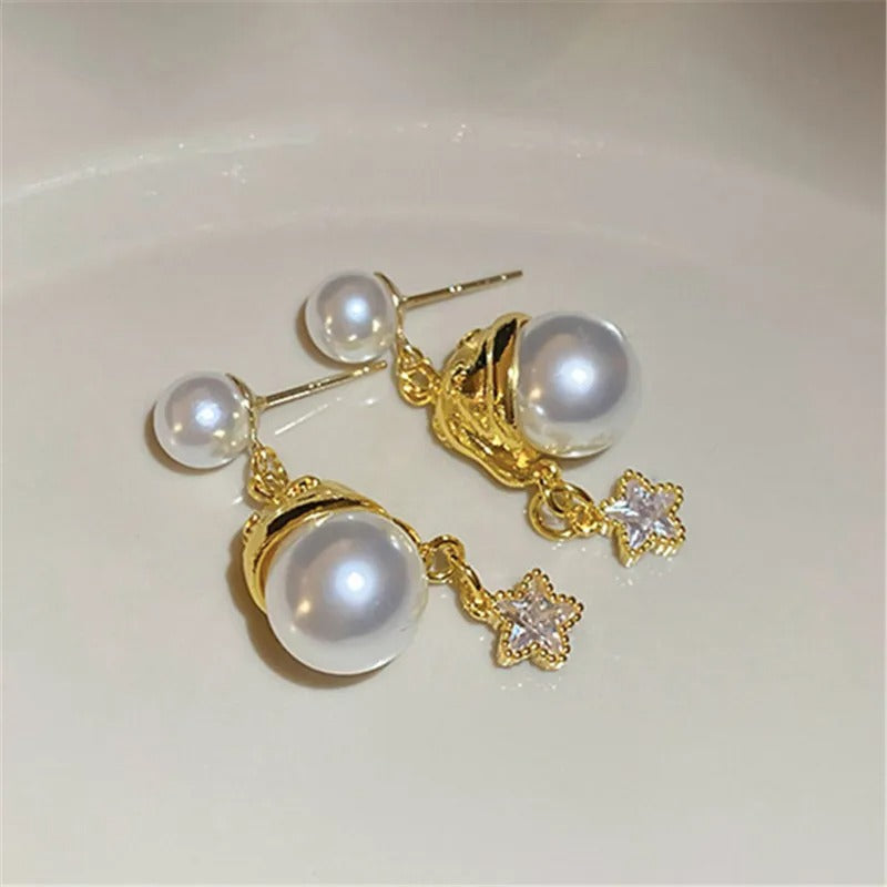 Antique Style Pearl & Sparkling Star Charm Gold Earrings-Mialla Jewelry