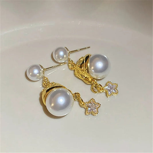 Antique Style Pearl & Sparkling Star Charm Gold Earrings-Mialla Jewelry