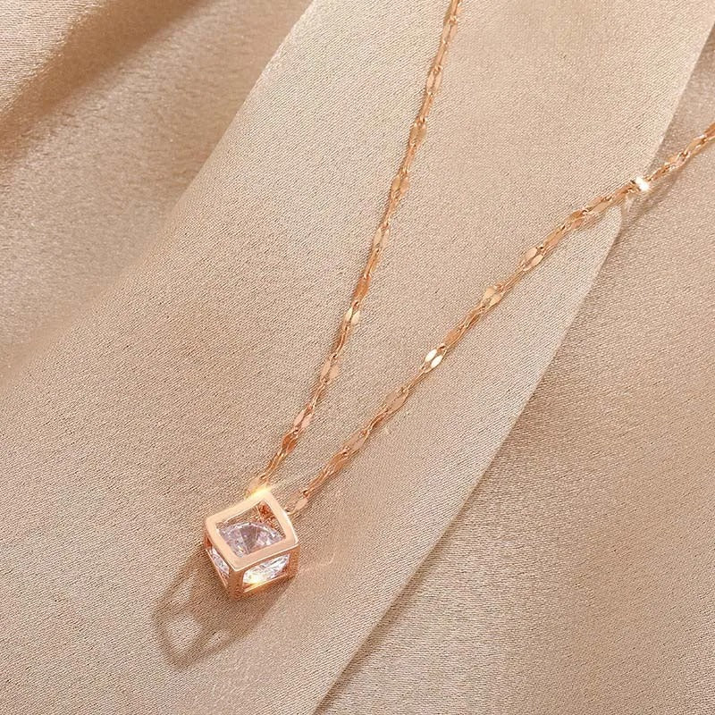 Vintage Rose Gold Crystal-Studded Square Pendant Necklace-Mialla Jewelry