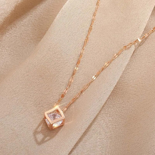 Vintage Rose Gold Crystal-Studded Square Pendant Necklace-Mialla Jewelry