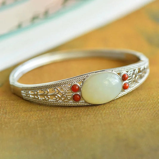 Classic Silver Green Stone & Coral Bangle Bracelet-Mialla Jewelry