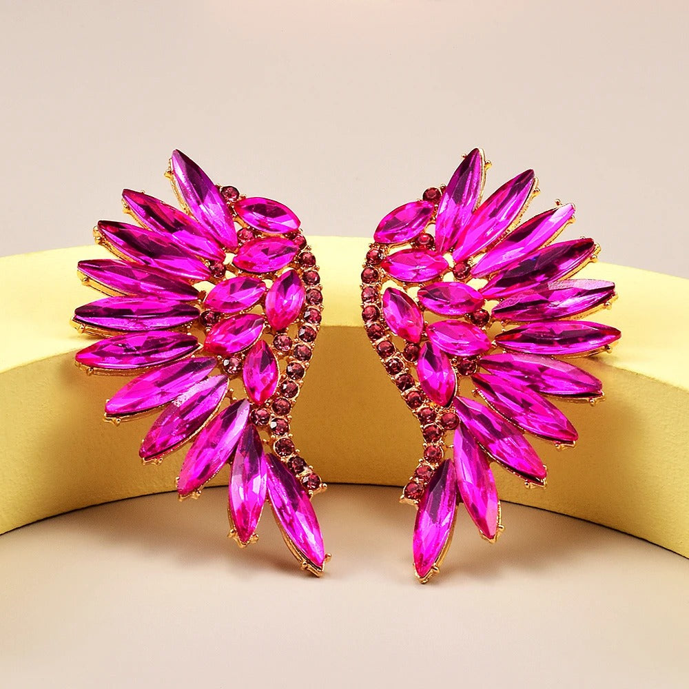Vintage Pink Wing Crystal Gold Earrings-Mialla Jewelry