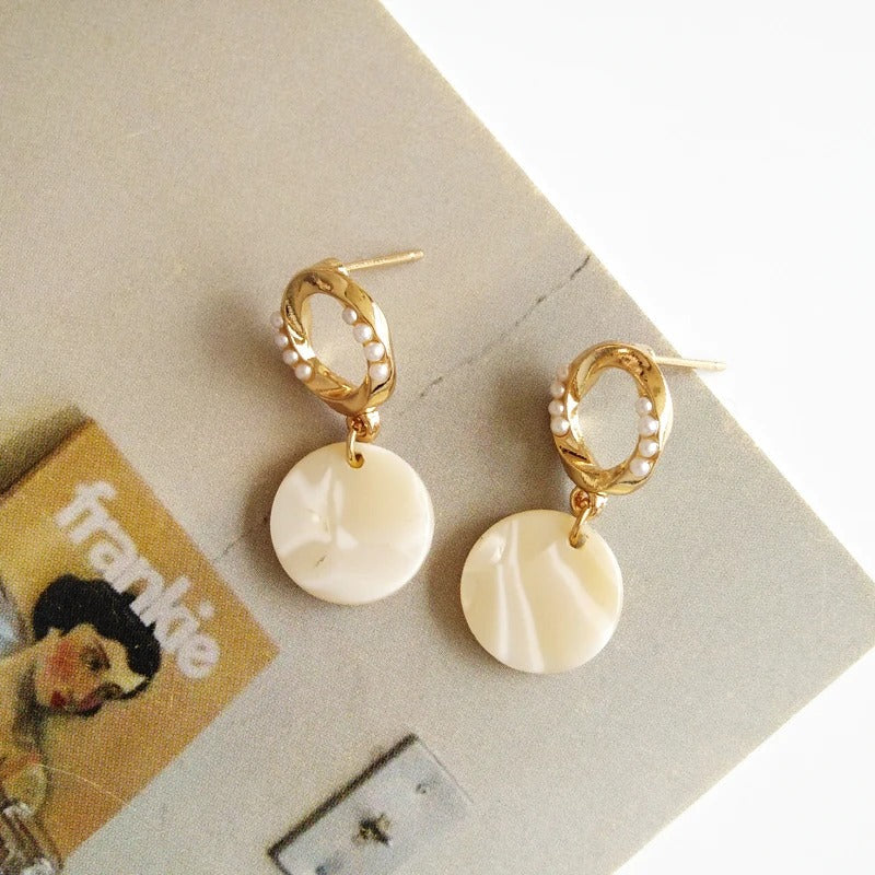 Gold & White Round Pearl Drop Earrings-Mialla Jewelry