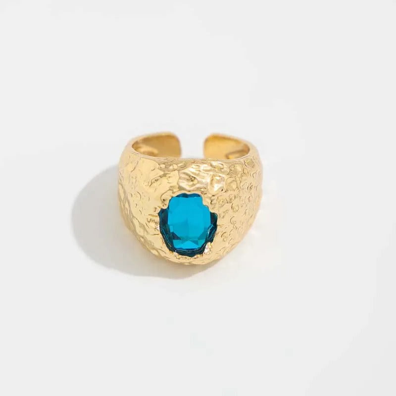 Gold Hammered Vibrant Blue Gemstone Adjustable Ring-Mialla Jewelry