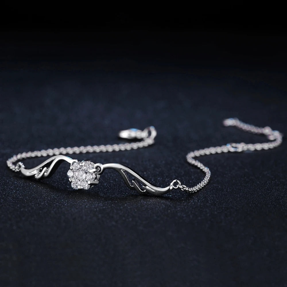 Vintage Silver Crystal Flower & Curved Design Bracelet-Mialla Jewelry
