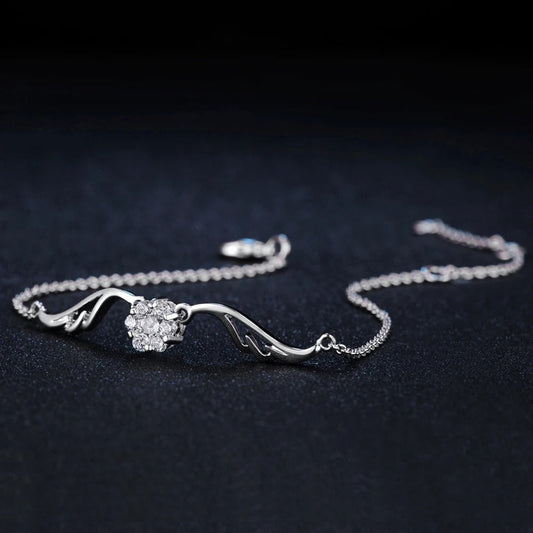Vintage Silver Crystal Flower & Curved Design Bracelet-Mialla Jewelry