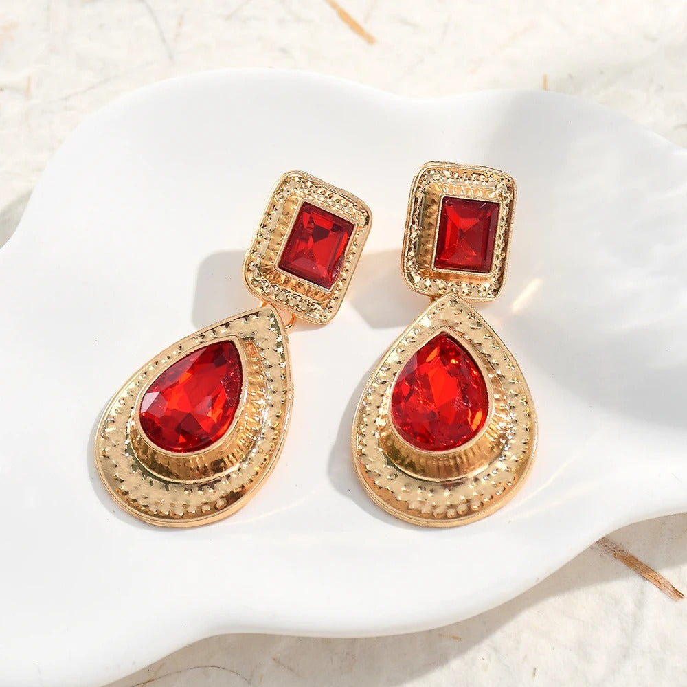 Gold Vintage Red Gemstone Dangle Earrings-Mialla Jewelry