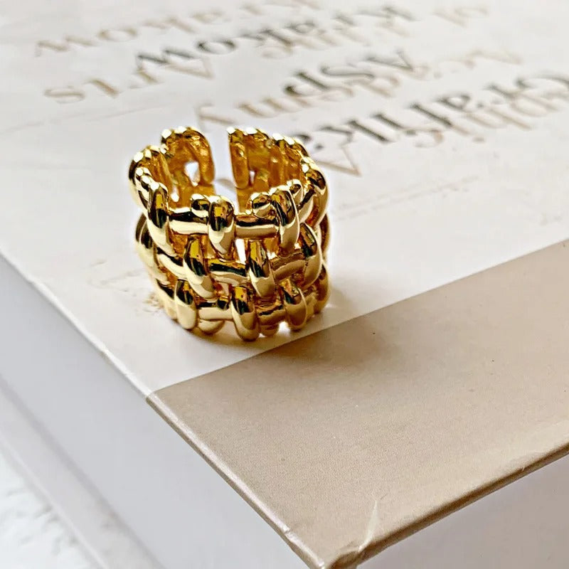 Gold Braided Statement Unique Adjustable Ring-Mialla Jewelry