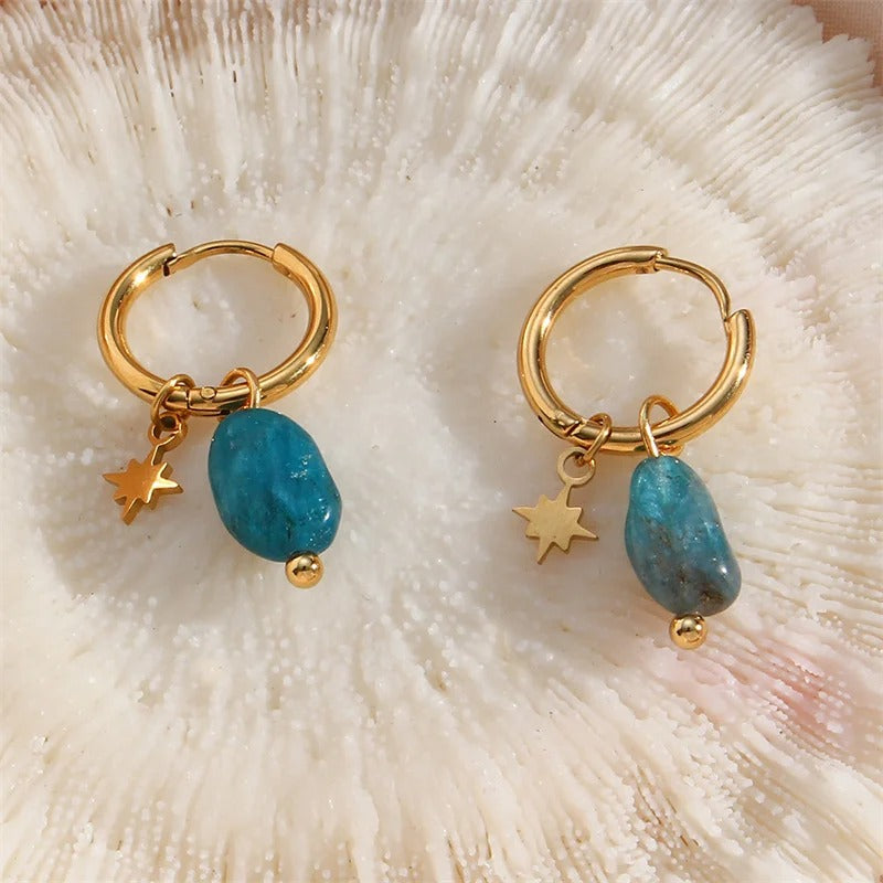 Classic Gold Turquoise Charm & Star Pendant Hoop Earrings-Mialla Jewelry