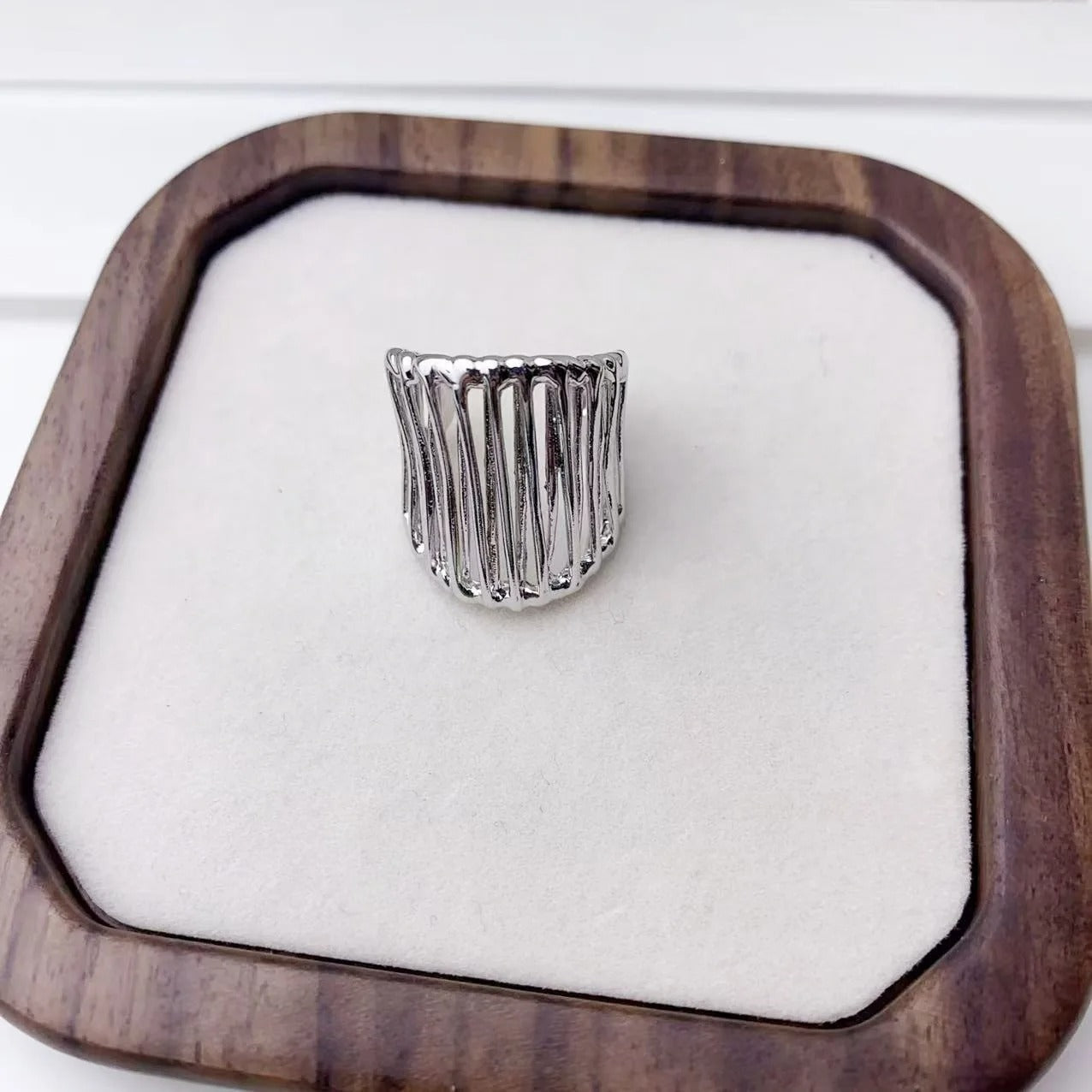 Silver Ribbed Statement Adjustable Ring-Mialla Jewelry