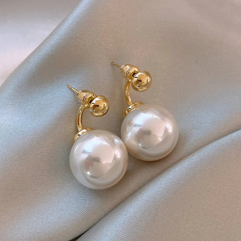 Classic White Pearl & Curved Gold Earrings-Mialla Jewelry