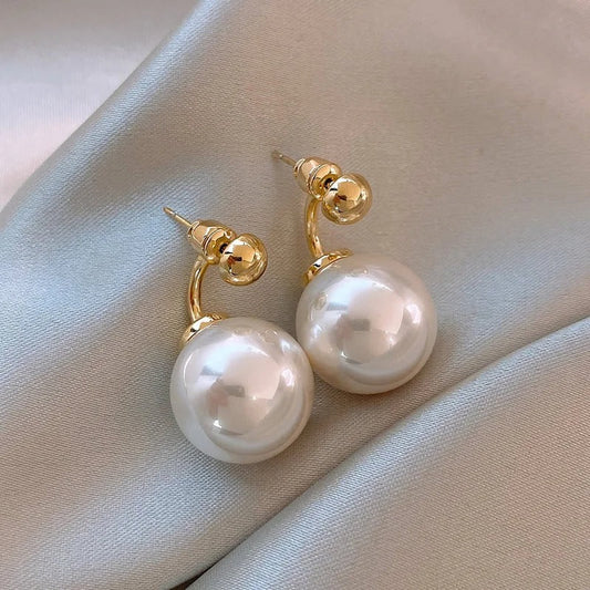 Classic White Pearl & Curved Gold Earrings-Mialla Jewelry