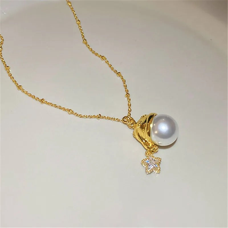 Vintage Gold Pearl Pendant & Star Charm Necklace-Mialla Jewelry