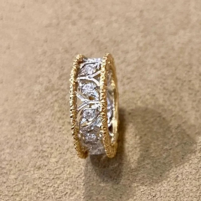 Classic Gold & Silver Carved Diamond Leaf Adjustable Ring-Mialla Jewelry