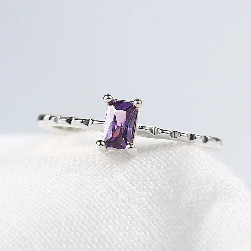 Silver Rectangular Purple Gem & Unique Textured Band Ring-Mialla Jewelry