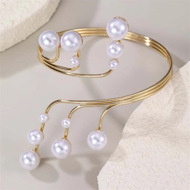 Vintage Gold & Cascading Pearl Bangle Bracelet-Mialla Jewelry
