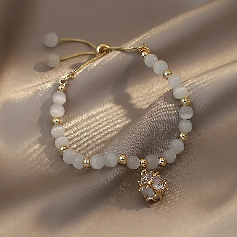 Gold White Beaded & Crystal Pendant Bracelet-Mialla Jewelry