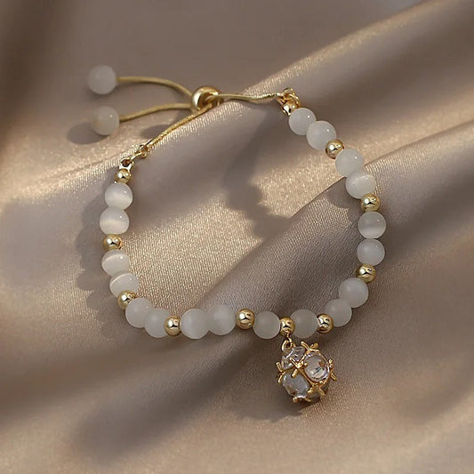 Gold White Beaded & Crystal Pendant Bracelet-Mialla Jewelry