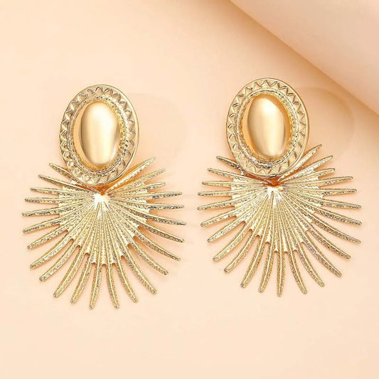 Gold Oval & Flared Sunburst Design Earrings-Mialla Jewelry