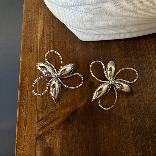 Classic Silver Flower Shiny Petal Detail Earrings-Mialla Jewelry