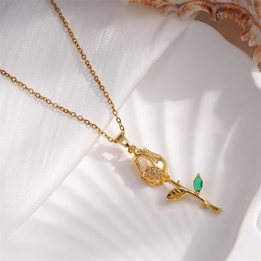 Gold Rose & Crystal Flower Necklace-Mialla Jewelry