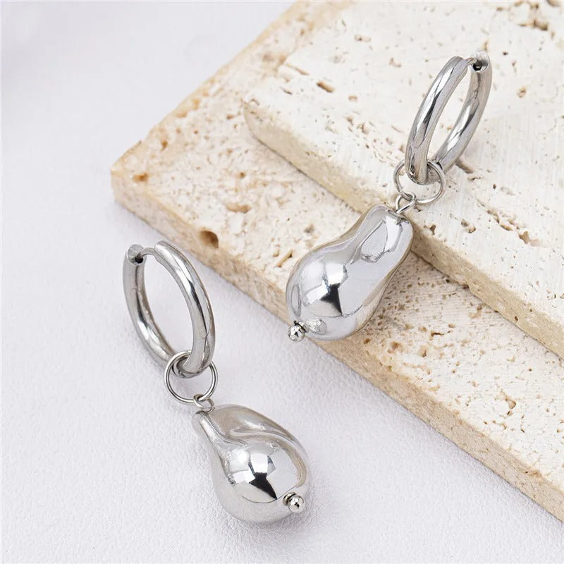 Retro Silver Smooth Pear Drop Accent Hoop Earrings-Mialla Jewelry