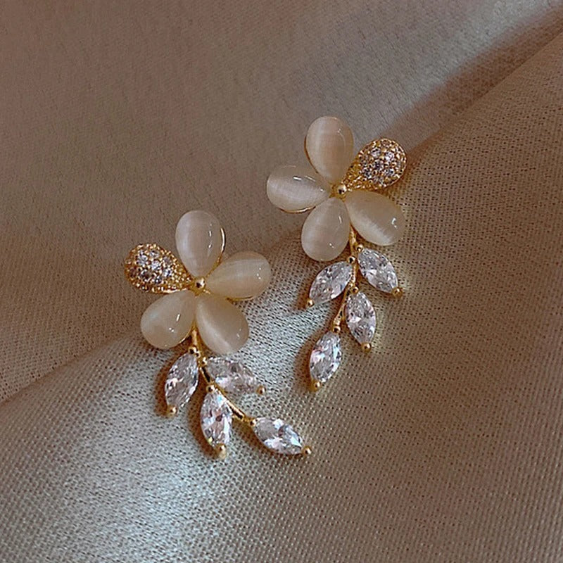 Vintage Opal Zircon Flower Leaves Stud Earrings-Mialla Jewelry
