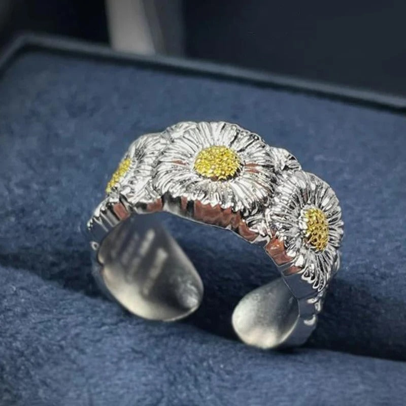 Classic Silver & Yellow Daisy Flower Adjustable Ring-Mialla Jewelry