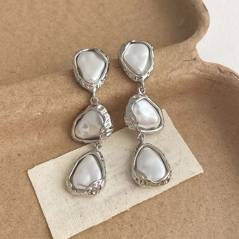 Silver Triangular Shaped Pearl Drop Earrings-Mialla Jewelry