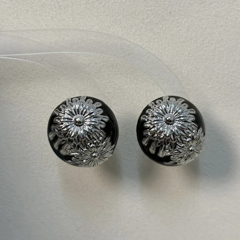 Classic Black Vintage Silver Flower Design Earrings-Mialla Jewelry