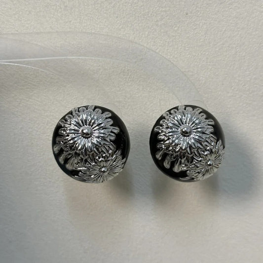 Classic Black Vintage Silver Flower Design Earrings-Mialla Jewelry