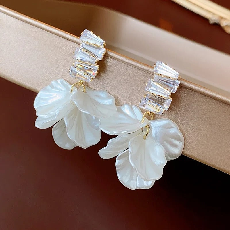 Sparkling Crystal Top Pearl Petal Earrings-Mialla Jewelry