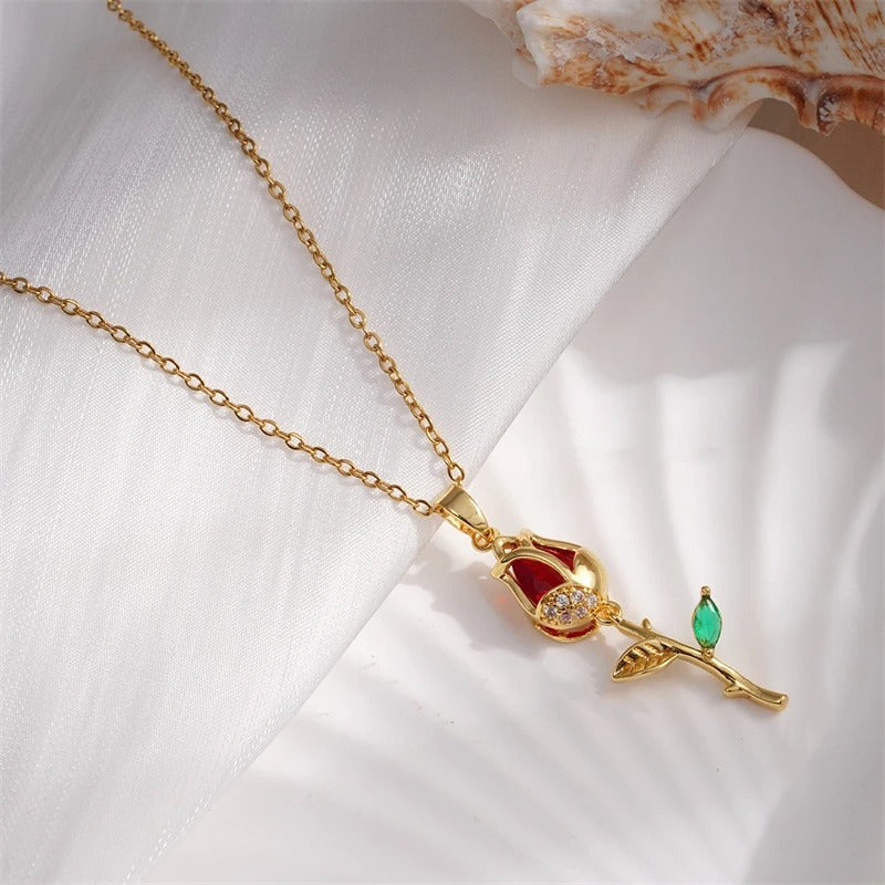 Vintage Gold Rose & Red Gemstone Necklace-Mialla Jewelry