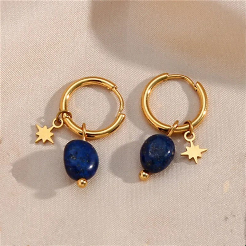 Vintage Gold Star & Blue Charm Hoop Earrings-Mialla Jewelry