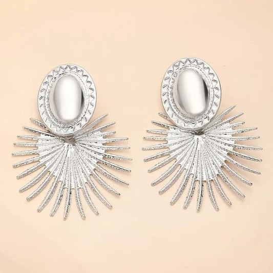Silver Radiant Sunburst Pattern & Oval Shape Earrings-Mialla Jewelry