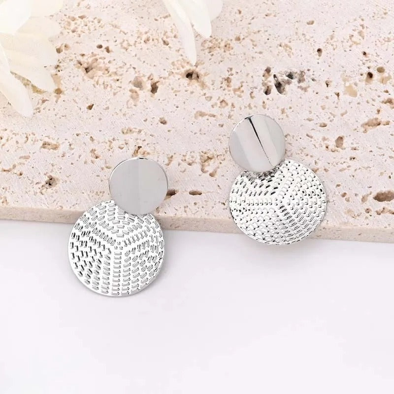 Silver Textured Geometric Disc Earrings-Mialla Jewelry